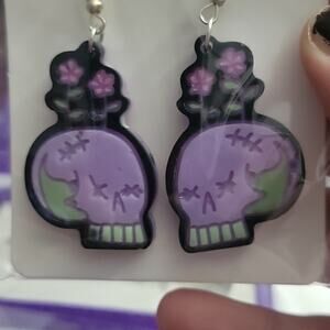 Skull with flowers resin epoxy handmade earrings, hypoallergenic hooks